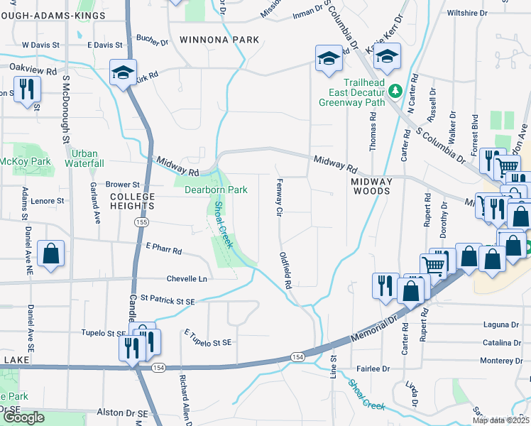 map of restaurants, bars, coffee shops, grocery stores, and more near 1521 Deerwood Drive in Decatur