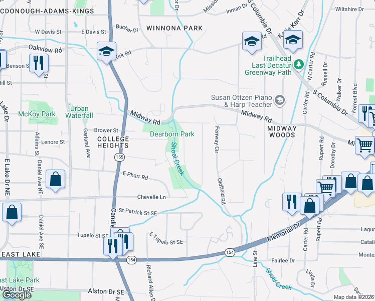 map of restaurants, bars, coffee shops, grocery stores, and more near 1346 Deerwood Drive in Decatur