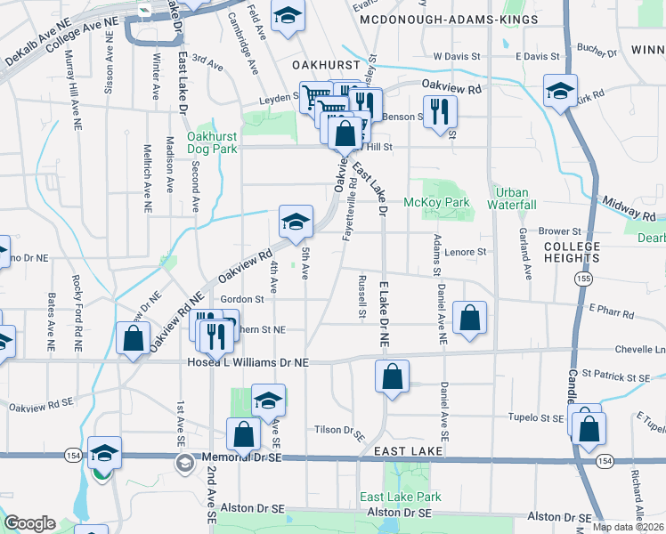 map of restaurants, bars, coffee shops, grocery stores, and more near 202 5th Avenue in Decatur