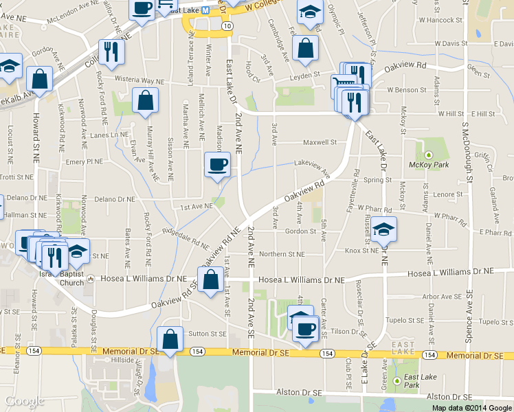 map of restaurants, bars, coffee shops, grocery stores, and more near 1518 Oakview Road in Decatur