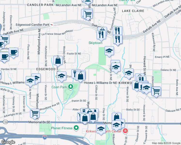 map of restaurants, bars, coffee shops, grocery stores, and more near 53 Wyman Street Northeast in Atlanta