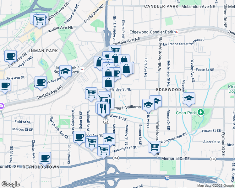 map of restaurants, bars, coffee shops, grocery stores, and more near 31 Screven Street Northeast in Atlanta