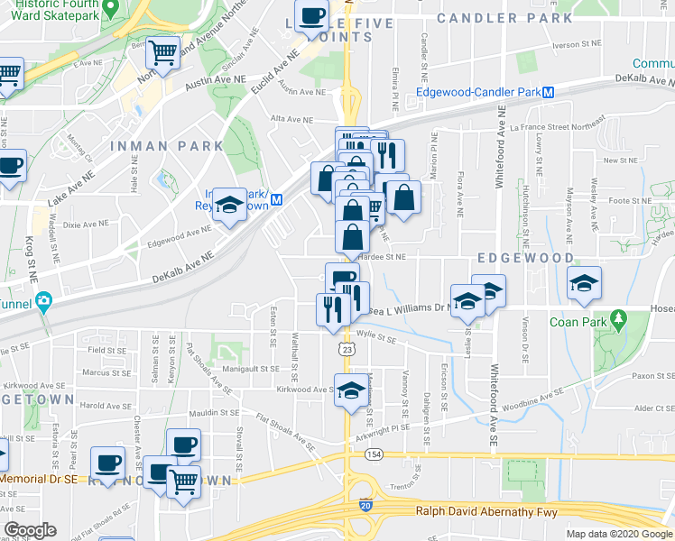 map of restaurants, bars, coffee shops, grocery stores, and more near 36 Moreland Avenue Northeast in Atlanta
