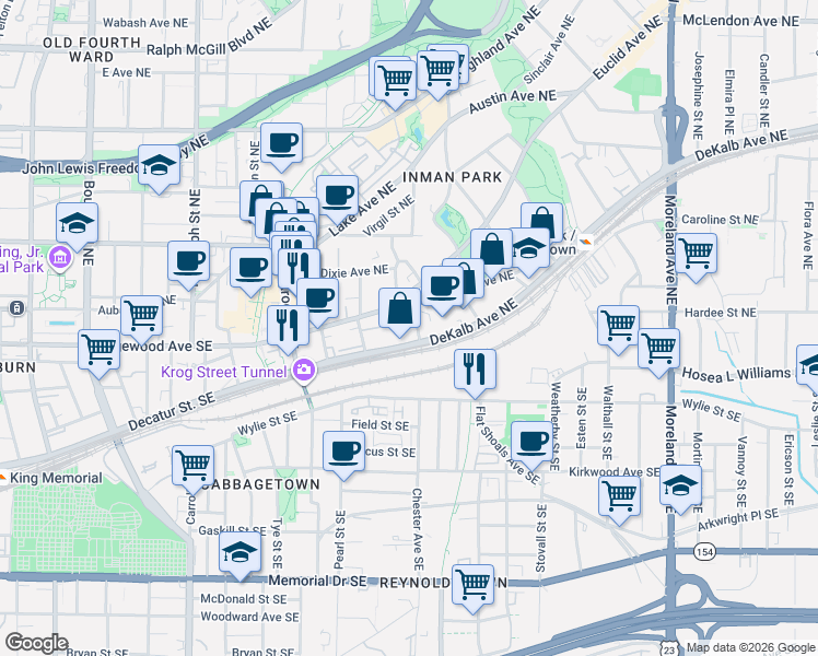 map of restaurants, bars, coffee shops, grocery stores, and more near 840 DeKalb Avenue Northeast in Atlanta