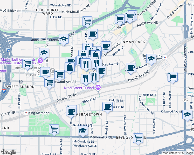 map of restaurants, bars, coffee shops, grocery stores, and more near 726 Edgewood Avenue Northeast in Atlanta