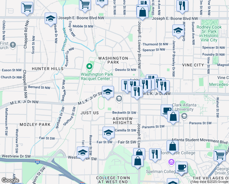 map of restaurants, bars, coffee shops, grocery stores, and more near 1017 Martin Luther King Junior Drive Northwest in Atlanta