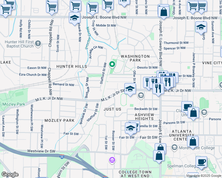 map of restaurants, bars, coffee shops, grocery stores, and more near 1115 Martin Luther King Junior Drive Northwest in Atlanta