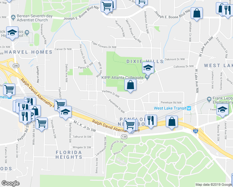 map of restaurants, bars, coffee shops, grocery stores, and more near 2094 Verbena Street Northwest in Atlanta