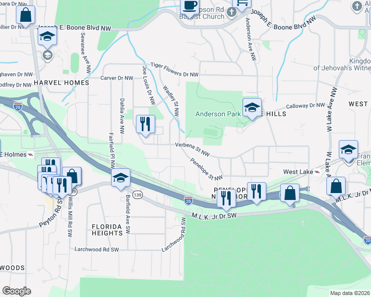 map of restaurants, bars, coffee shops, grocery stores, and more near 2094 Verbena Street Northwest in Atlanta