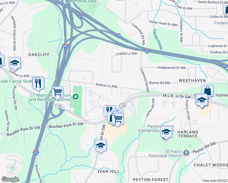 map of restaurants, bars, coffee shops, grocery stores, and more near 3006 Delmar Lane Northwest in Atlanta