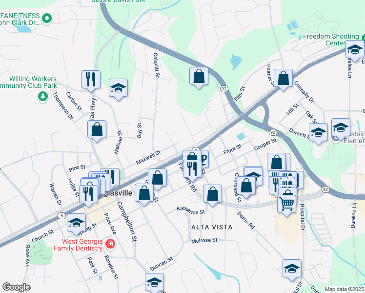 map of restaurants, bars, coffee shops, grocery stores, and more near 6435 East Strickland Street in Douglasville