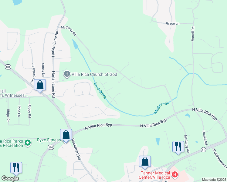 map of restaurants, bars, coffee shops, grocery stores, and more near 907 Elderberry Lane in Villa Rica
