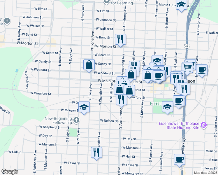 map of restaurants, bars, coffee shops, grocery stores, and more near 831 West Chestnut Street in Denison