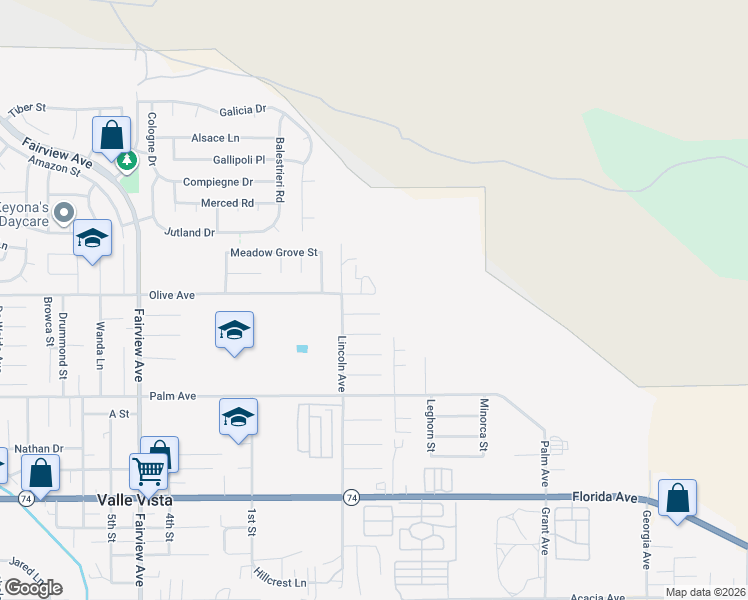 map of restaurants, bars, coffee shops, grocery stores, and more near 44605 Olive Avenue in Hemet