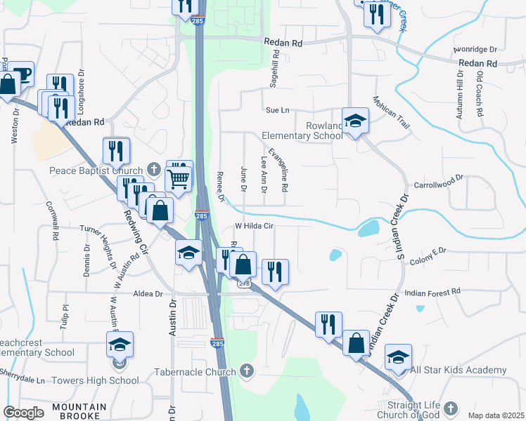 map of restaurants, bars, coffee shops, grocery stores, and more near 1365 Renee Drive in Decatur