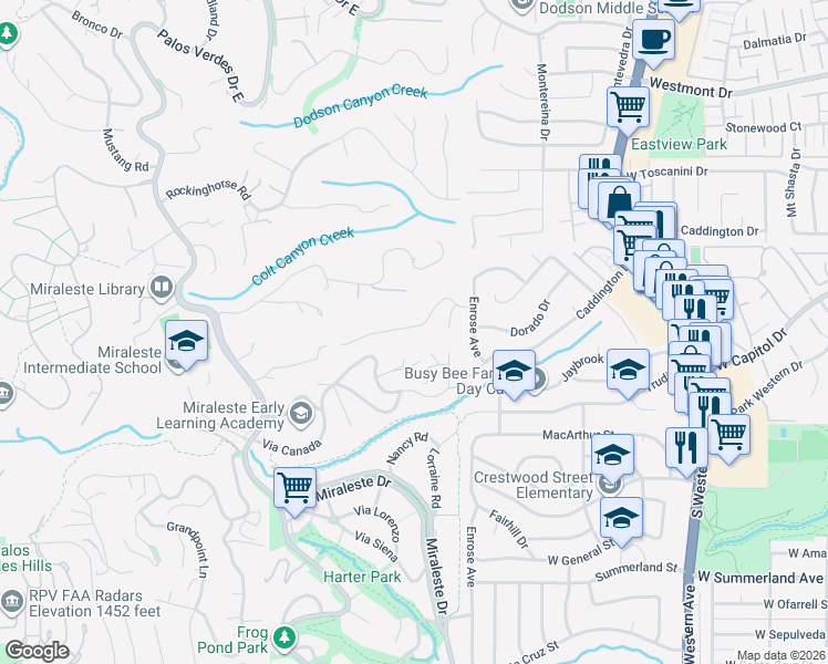 map of restaurants, bars, coffee shops, grocery stores, and more near 2213 Via Velardo in Rancho Palos Verdes