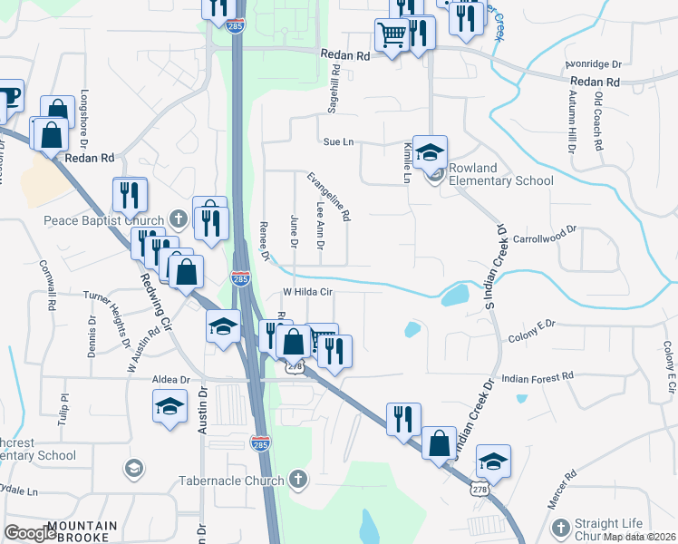 map of restaurants, bars, coffee shops, grocery stores, and more near 3950 West Hilda Circle in Decatur