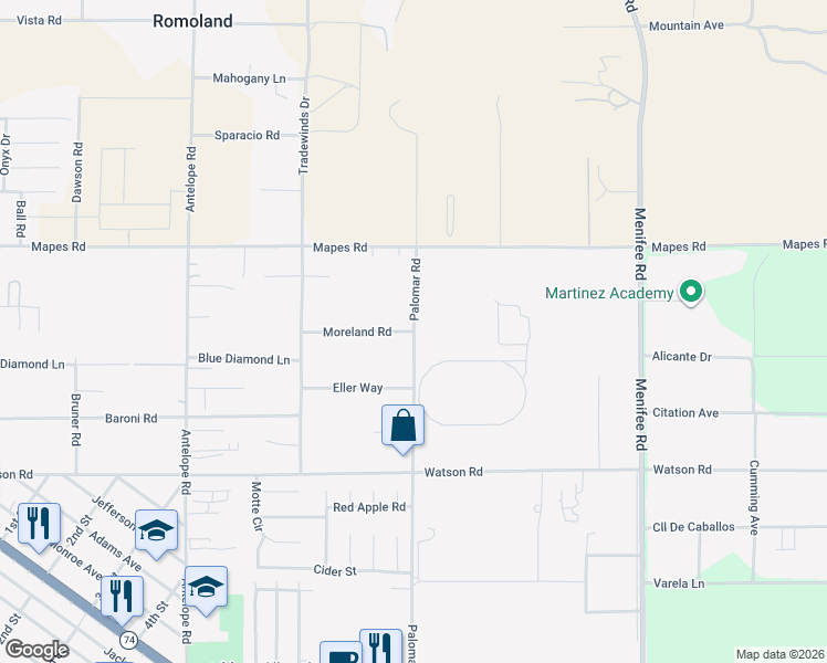 map of restaurants, bars, coffee shops, grocery stores, and more near Palomar Road in Riverside County