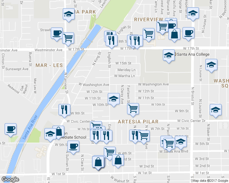 map of restaurants, bars, coffee shops, grocery stores, and more near 1202 North Townsend Street in Santa Ana