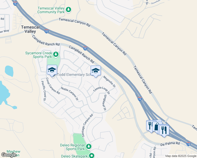 map of restaurants, bars, coffee shops, grocery stores, and more near 25127 Sagebush Way in Corona