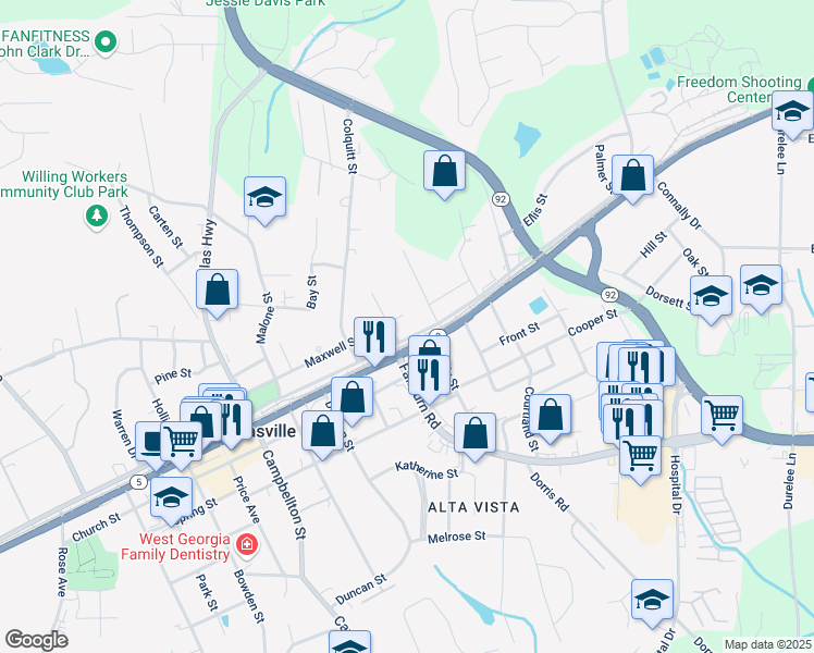 map of restaurants, bars, coffee shops, grocery stores, and more near 6435 East Strickland Street in Douglasville