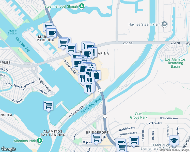 map of restaurants, bars, coffee shops, grocery stores, and more near in Long Beach