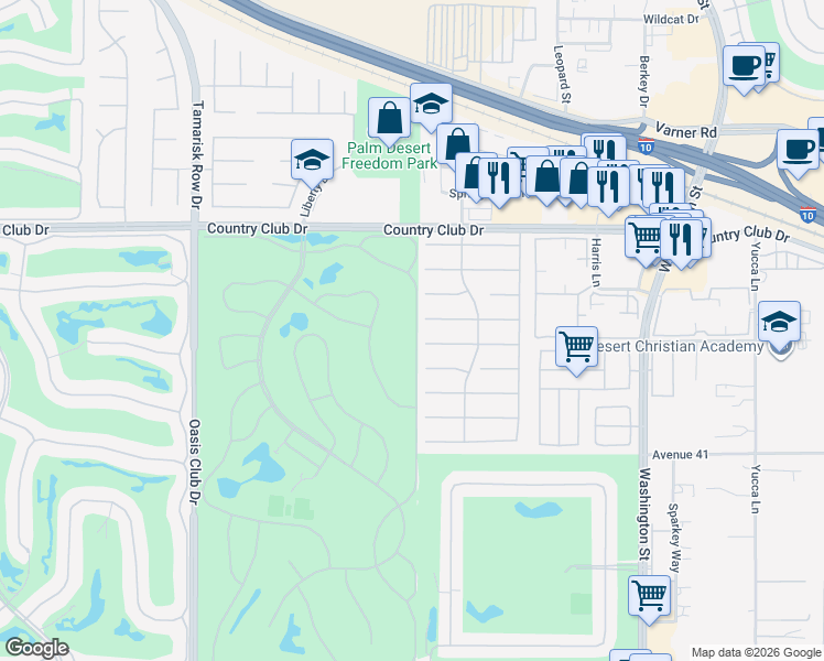 map of restaurants, bars, coffee shops, grocery stores, and more near 40469 Preston Trail in Palm Desert