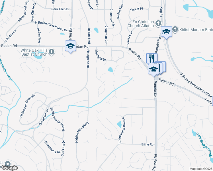 map of restaurants, bars, coffee shops, grocery stores, and more near 1314 Muirforest Drive in Stone Mountain