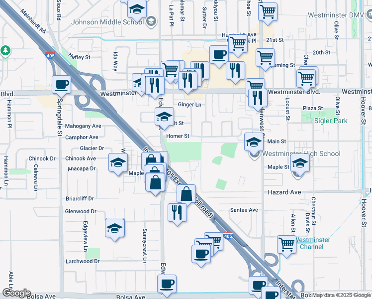 map of restaurants, bars, coffee shops, grocery stores, and more near 6502 Homer Street in Westminster