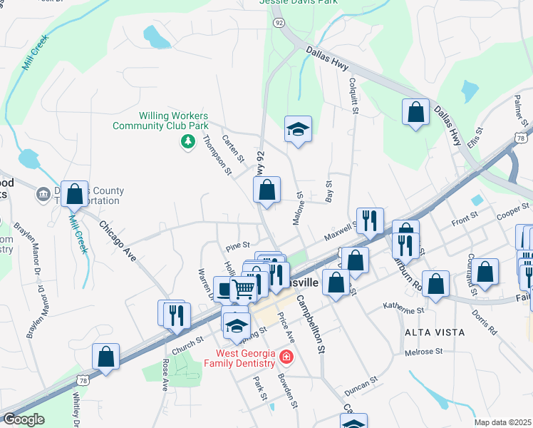 map of restaurants, bars, coffee shops, grocery stores, and more near 8252 Dallas Highway in Douglasville