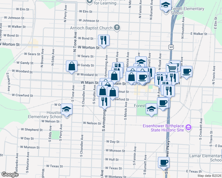 map of restaurants, bars, coffee shops, grocery stores, and more near 729 West Chestnut Street in Denison