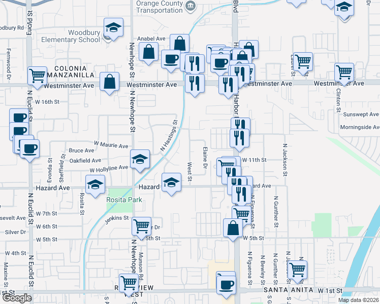map of restaurants, bars, coffee shops, grocery stores, and more near West Street in Santa Ana