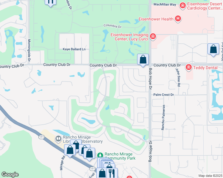 map of restaurants, bars, coffee shops, grocery stores, and more near 5 Valencia Drive in Rancho Mirage