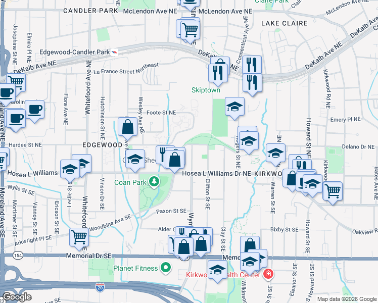 map of restaurants, bars, coffee shops, grocery stores, and more near 54 Wyman Street Northeast in Atlanta