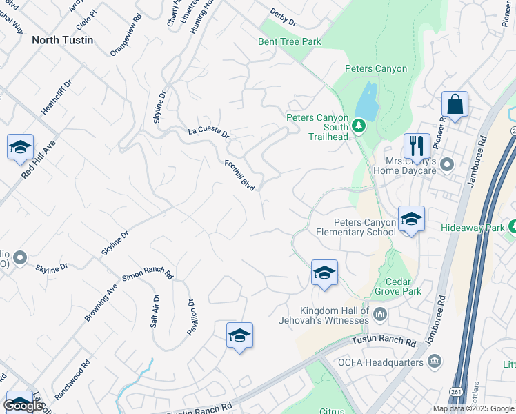 map of restaurants, bars, coffee shops, grocery stores, and more near 2240 Foothill Boulevard in Santa Ana