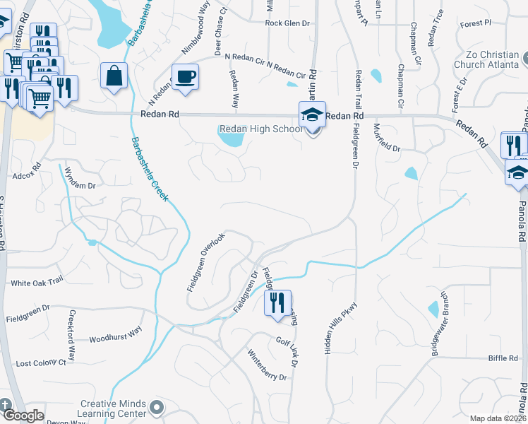 map of restaurants, bars, coffee shops, grocery stores, and more near 5075 Golfbrook Drive in Stone Mountain