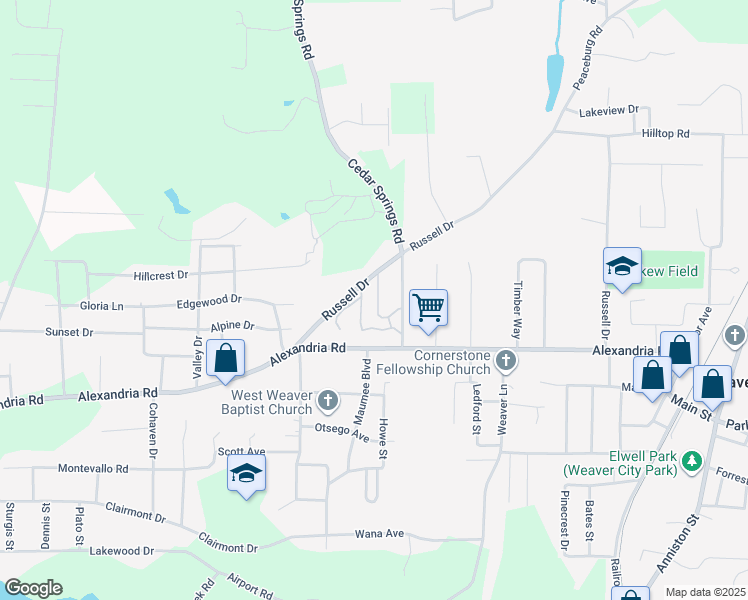map of restaurants, bars, coffee shops, grocery stores, and more near 1306 Russell Drive in Weaver