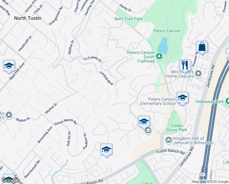 map of restaurants, bars, coffee shops, grocery stores, and more near 2240 Foothill Boulevard in Santa Ana