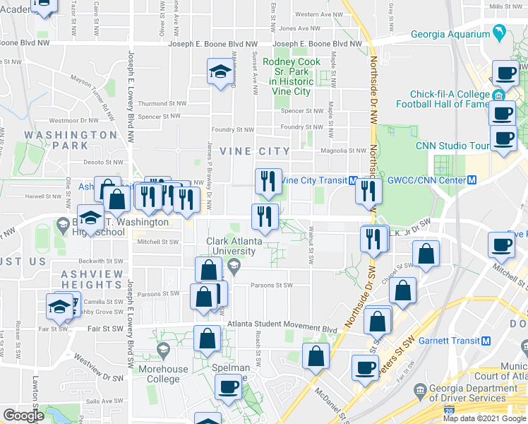 map of restaurants, bars, coffee shops, grocery stores, and more near 665 Martin Luther King Junior Drive Southwest in Atlanta