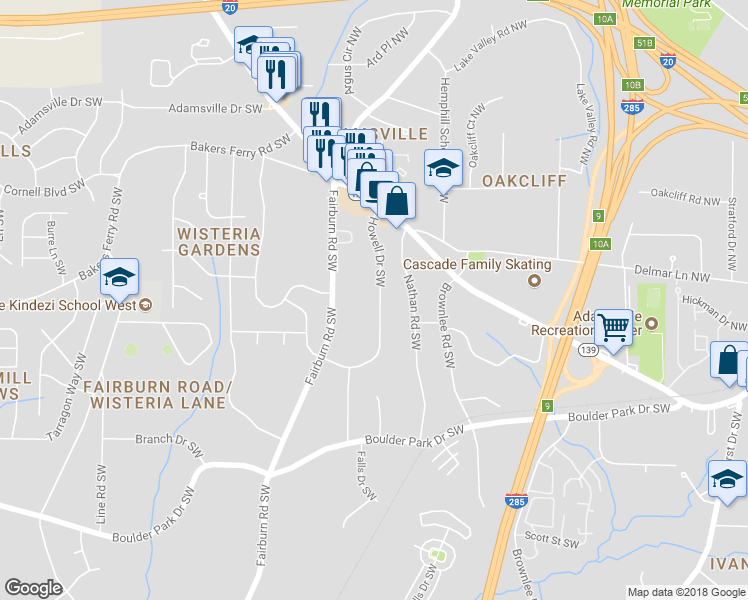 map of restaurants, bars, coffee shops, grocery stores, and more near 115 Howell Drive Southwest in Atlanta