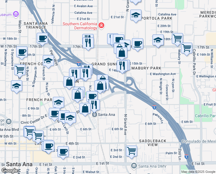 map of restaurants, bars, coffee shops, grocery stores, and more near 1311 East Washington Avenue in Santa Ana