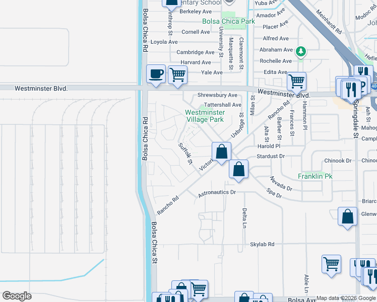 map of restaurants, bars, coffee shops, grocery stores, and more near 14342 Suffolk Street in Westminster