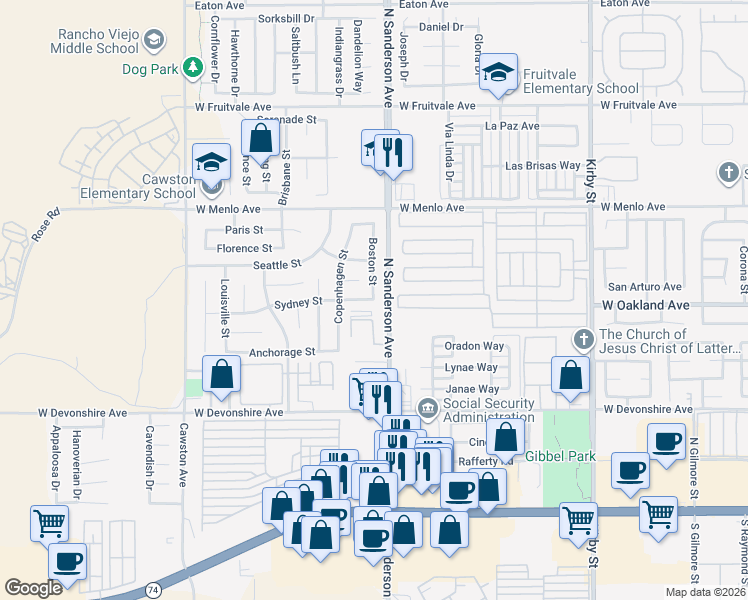 map of restaurants, bars, coffee shops, grocery stores, and more near Sydney Street & Boston Street in Hemet