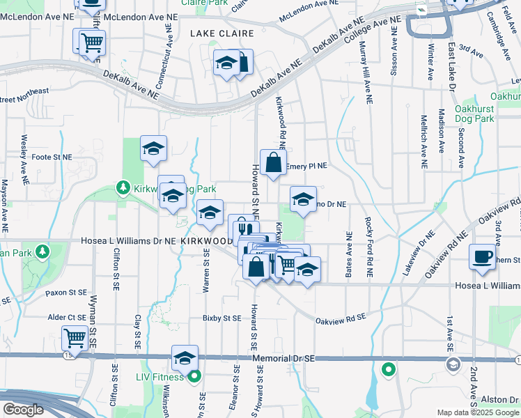 map of restaurants, bars, coffee shops, grocery stores, and more near 107 Howard Street Northeast in Atlanta