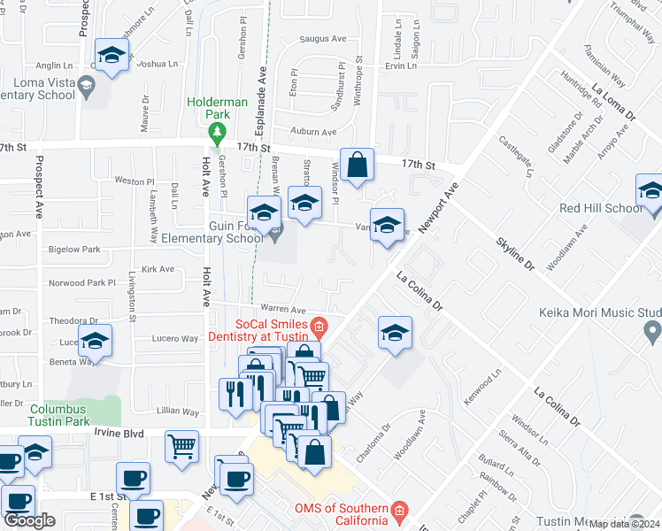 map of restaurants, bars, coffee shops, grocery stores, and more near 18640 Vanderlip Avenue in Santa Ana