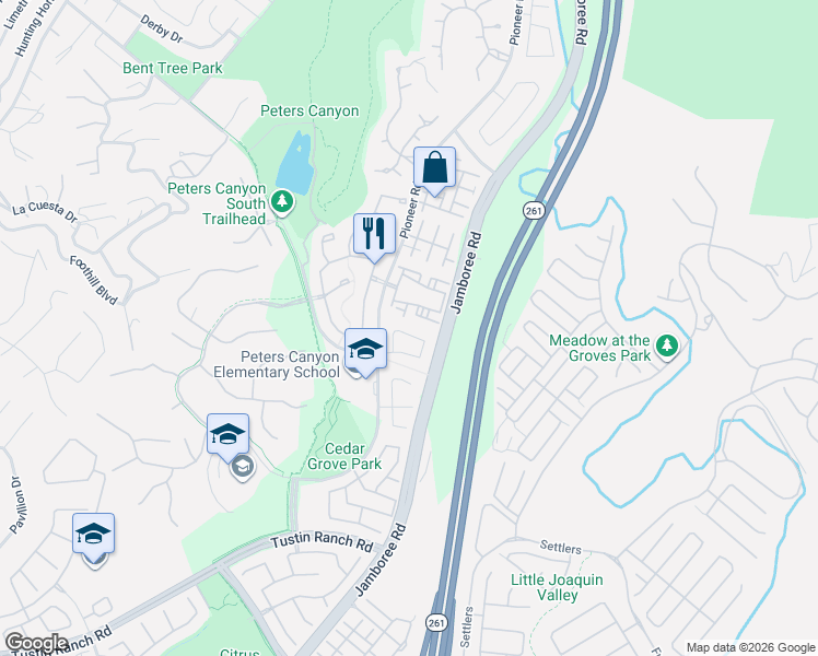 map of restaurants, bars, coffee shops, grocery stores, and more near 2741 Timmons in Tustin