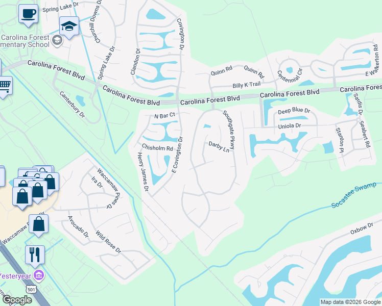 map of restaurants, bars, coffee shops, grocery stores, and more near Southgate Parkway in Myrtle Beach
