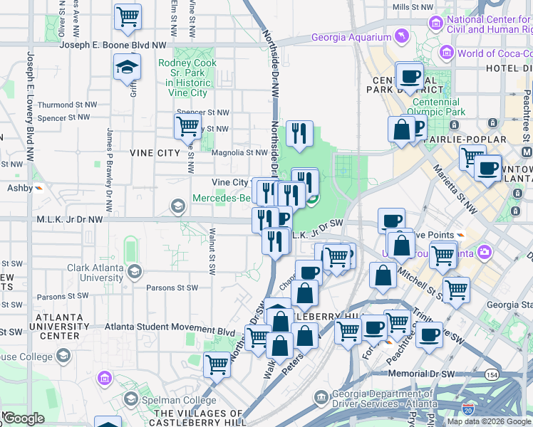 map of restaurants, bars, coffee shops, grocery stores, and more near 10 Northside Drive Northwest in Atlanta