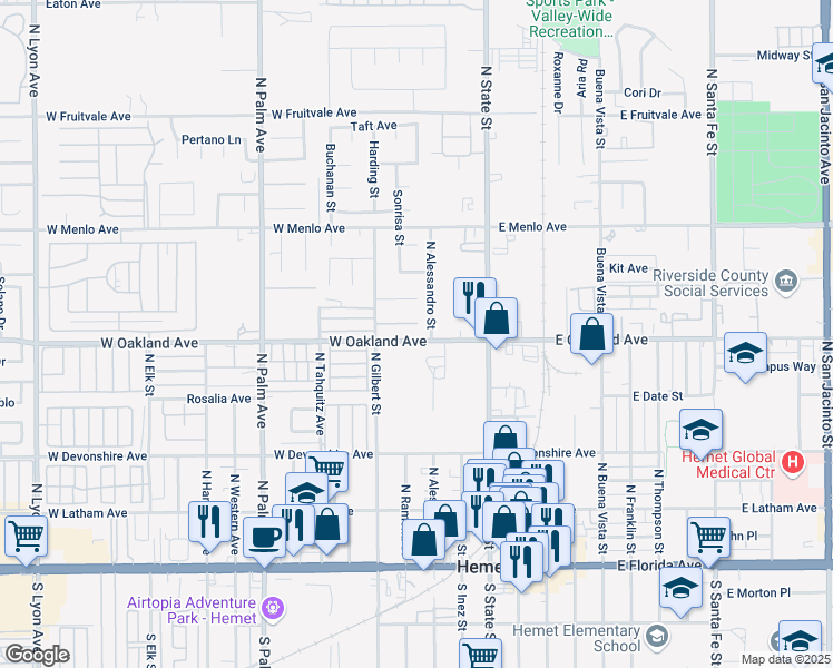 map of restaurants, bars, coffee shops, grocery stores, and more near 323 Long Street in Hemet