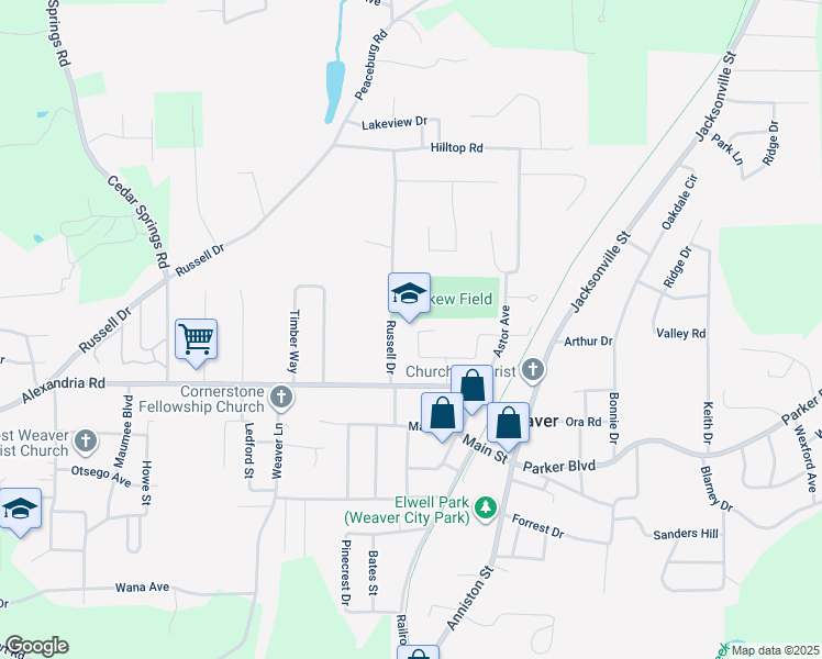 map of restaurants, bars, coffee shops, grocery stores, and more near 444 School Drive in Weaver